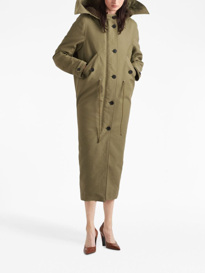 Prada Army Green Satin Cotton Parka Coat In Green