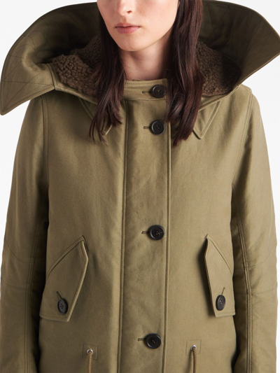 Prada Army Green Satin Cotton Parka Coat In Green