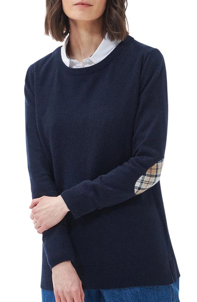 Shop Barbour Pendle Elbow Patch Wool & Cotton Crewneck Sweater In Navy/ Fawn