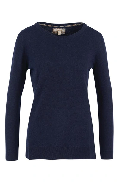 Shop Barbour Pendle Elbow Patch Wool & Cotton Crewneck Sweater In Navy/ Fawn