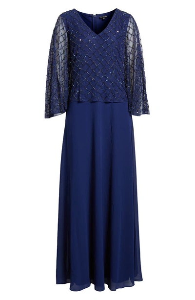 Shop Marina Beaded Capelet & Gown In Navy