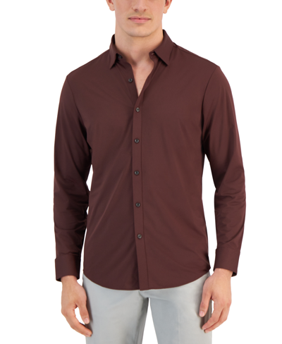 Shop Alfani Men's Alfatech Yarn-dyed Long Sleeve Performance Shirt, Created For Macy's In Maroon Banner