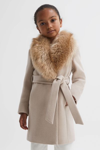Shop Reiss Brooks - Oatmeal Junior Faux Fur Collar Wool Coat, Age 8-9 Years