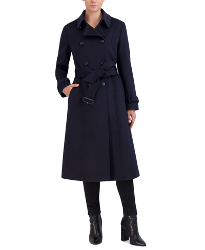 Shop Cole Haan Women's Double-breasted Belted Wool Blend Trench Coat In Midnight