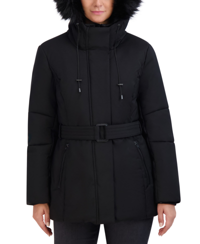 Shop Cole Haan Women's Belted Faux-fur-trim Hooded Puffer Coat In Black