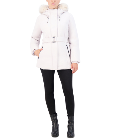 Shop Cole Haan Women's Belted Faux-fur-trim Hooded Puffer Coat In Cream