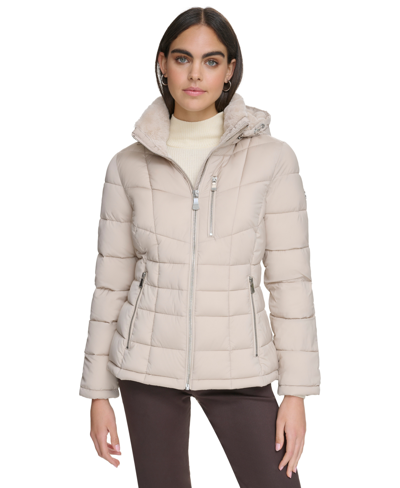 Shop Calvin Klein Women's Faux-fur-trim Hooded Puffer Coat, Created For Macy's In Smokey Taupe