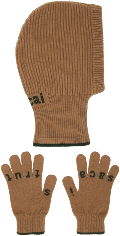 Shop Sacai Beige Jacquard Balaclava & Glove Set In 651 Beige
