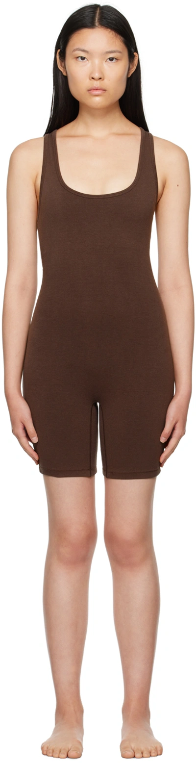 Shop Skims Brown Outdoor Mid Thigh Onesie Jumpsuit In Cocoa