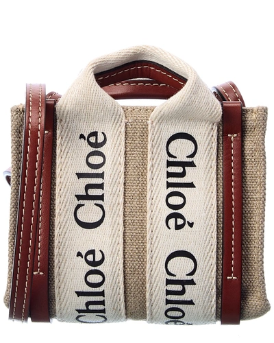 Shop Chloé Woody Nano Canvas & Leather Tote In Beige