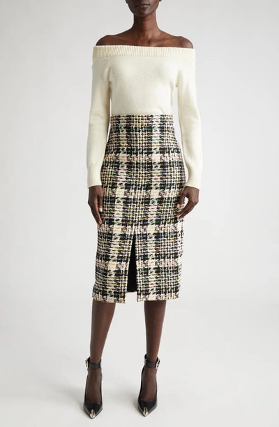 Shop Alexander Mcqueen Front Slit Tweed Pencil Skirt In 9101 Grey Multicolour