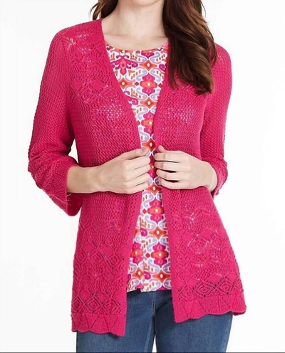Shop Multiples Scallop Edge Crochet Sweater Cardigan In Fuschia In Pink