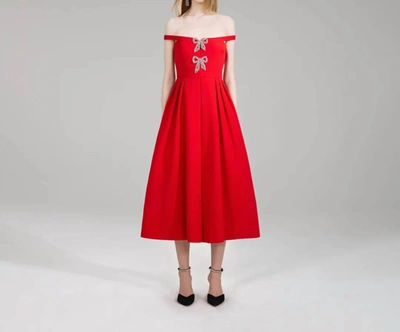 Shop Self-portrait Crepe Bow Midi Dress In Red