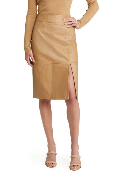 Shop Hugo Boss Setora Leather Pencil Skirt In Iconic Camel