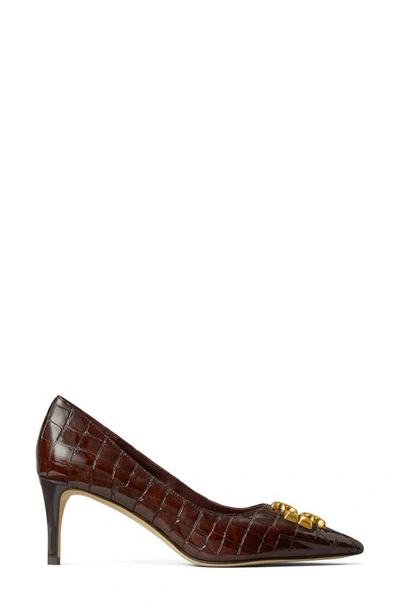 Shop Tory Burch Eleanor Croc Embossed Pointed Toe Pump In Brown Croc / Rolled Brass