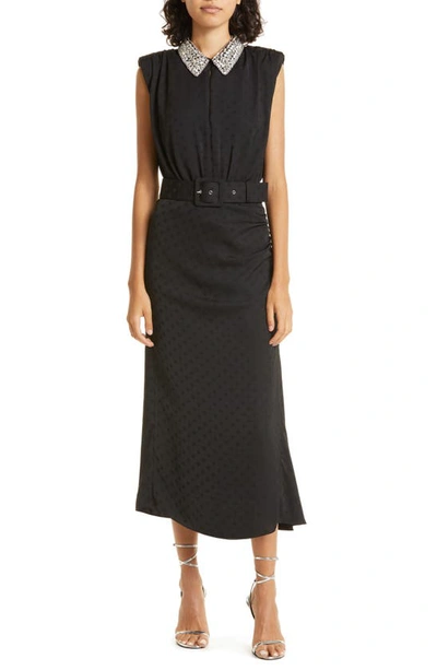 Shop Rebecca Vallance Lorraine Crystal Collar Sleeveless Dot Jacquard Dress In Black