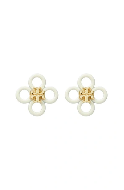 Shop Tory Burch Small Kira Enamel Clover Stud Earrings In Tory Gold / New Ivory