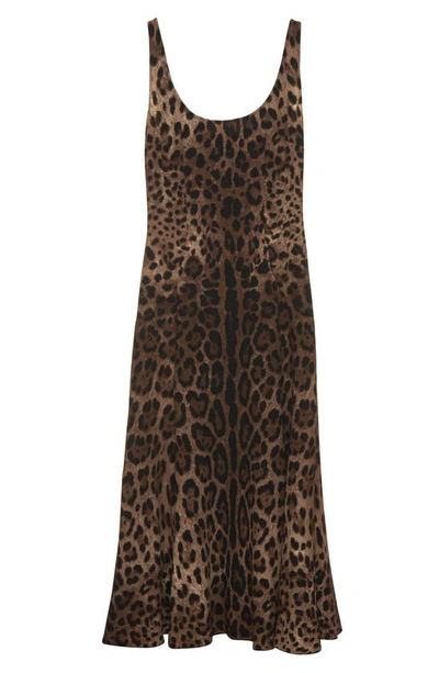 Dolce & Gabbana Leopard-print Calf-length Cady Dress In Brown