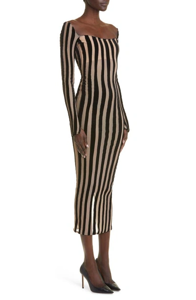 Shop Laquan Smith Stripe Semisheer Long Sleeve Midi Dress In Beige/ Black