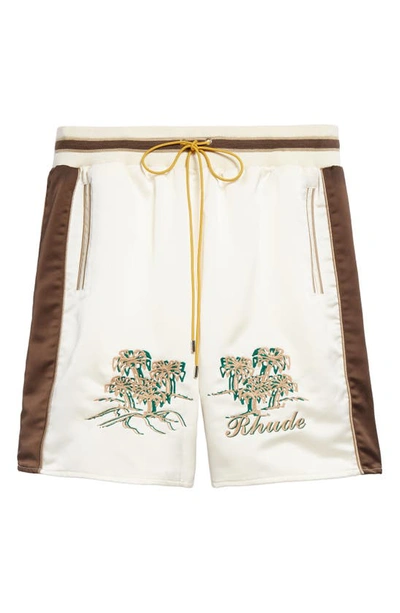 Shop Rhude Souvenir Satin Shorts In Ivory/ Brown