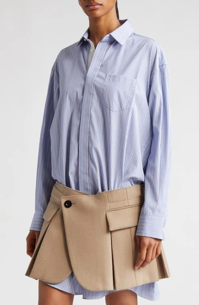 Shop Sacai Thomas Mason Cotton Poplin & Wool Shirtdress In L/ Blue Stripe Beige