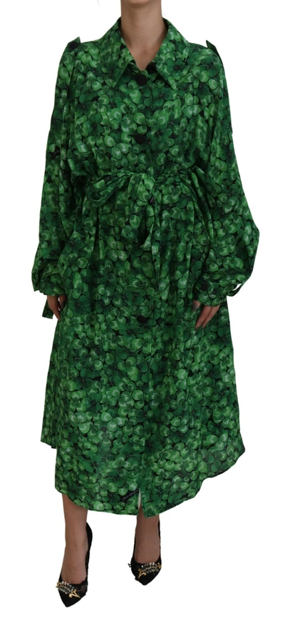 Shop Dolce & Gabbana Green Leaves Print Silk Trench Coat Women's Jacket