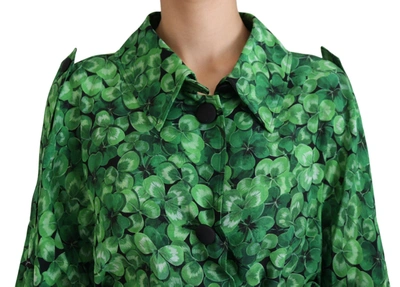 Shop Dolce & Gabbana Green Leaves Print Silk Trench Coat Women's Jacket
