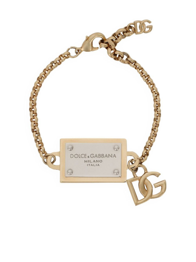 Shop Dolce & Gabbana Dolce Yg Plaque Dg Logo Chrm Brclt In Gold