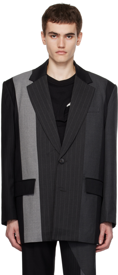 Shop Feng Chen Wang Black & Gray Multi Paneled Blazer In Black/gray