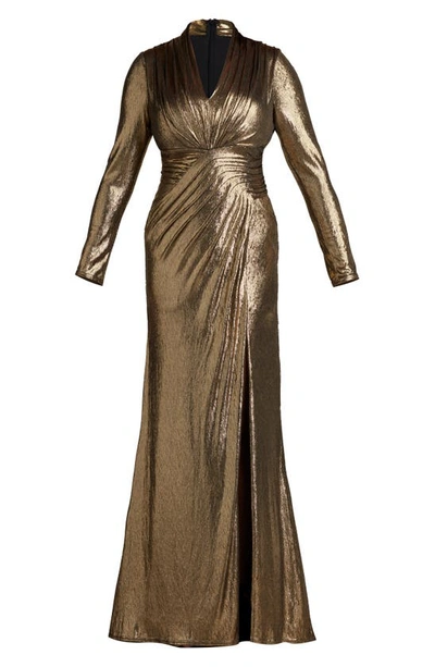 Tadashi Shoji Metallic Long Sleeve Gown In Bronze