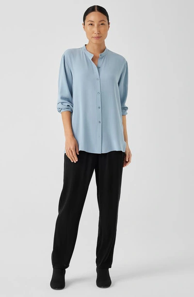 Shop Eileen Fisher Mandarin Collar Silk Blouse In Blue Steel