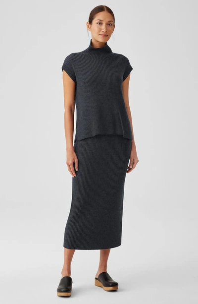 Eileen Fisher Ribbed Turtleneck Wool Tank In Charcoal