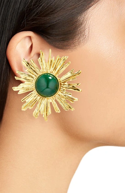 Shop Saint Laurent Sunburst Jade Clip-on Earrings In Green/ Gold