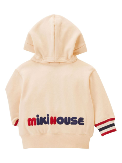 Shop Miki House Bear-embroidered Cotton Hooded Jacket In Neutrals