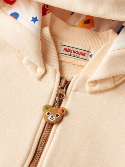 Shop Miki House Bear-embroidered Cotton Hooded Jacket In Neutrals