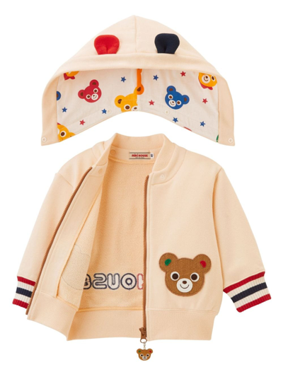 Shop Miki House Bear-embroidered Cotton Hooded Jacket In Neutrals