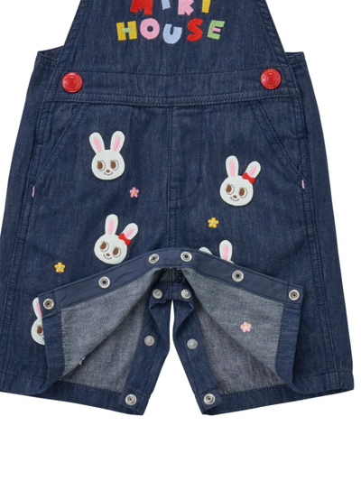 Shop Miki House Rabbit-embroidered Cotton Overalls In Blue