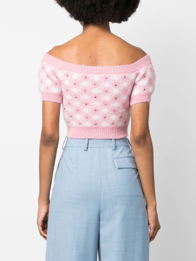 Alessandra Rich Off-shoulder Mohair-blend Checked Top In Pink