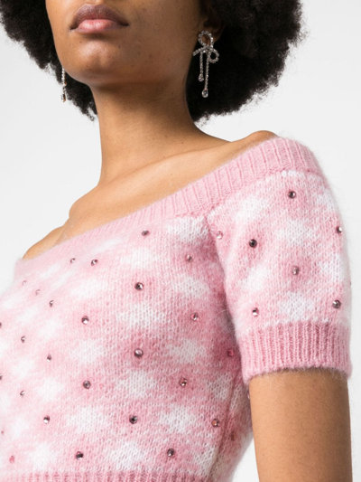 Alessandra Rich Off-shoulder Mohair-blend Checked Top In Pink