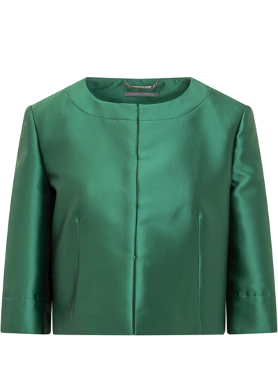 Shop Alberta Ferretti Crewneck Cropped Satin Jacket In Green