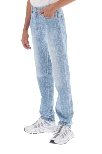 Shop Versace Allover Jeans Men In Blue