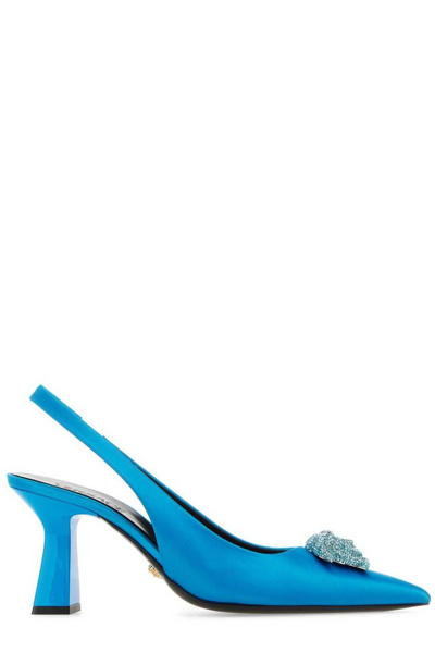 Shop Versace La Medusa Satin Slingback Pumps In Blue