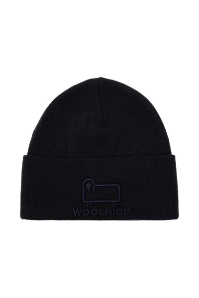 Shop Woolrich Logo Embroidered Knitted Beanie In Blue