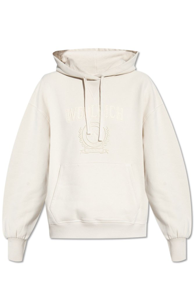 Shop Woolrich Logo Embroidered Drawstring Hoodie In White