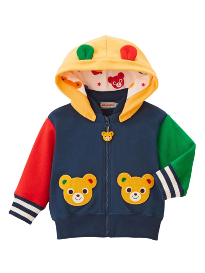 Shop Miki House Bear-embroidered Cotton Hooded Jacket In Blue