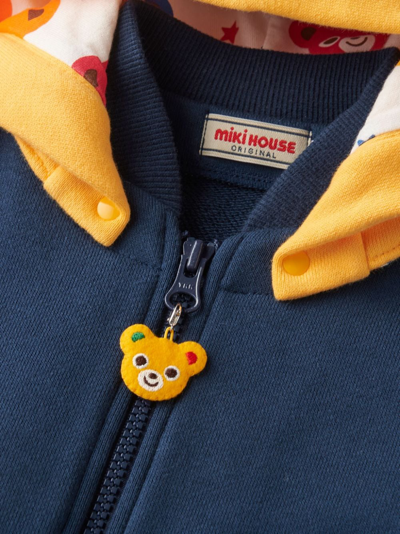 Shop Miki House Bear-embroidered Cotton Hooded Jacket In Blue