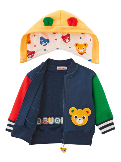 Shop Miki House Bear-embroidered Cotton Hooded Jacket In Blue