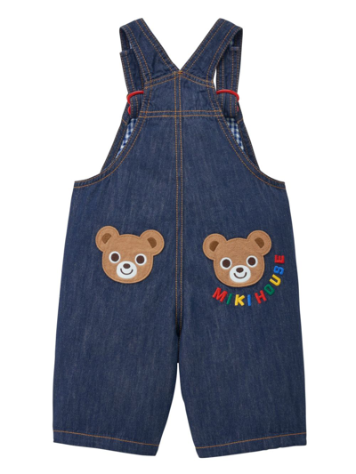 Shop Miki House Bear-embroidered Cotton Overalls In Blue