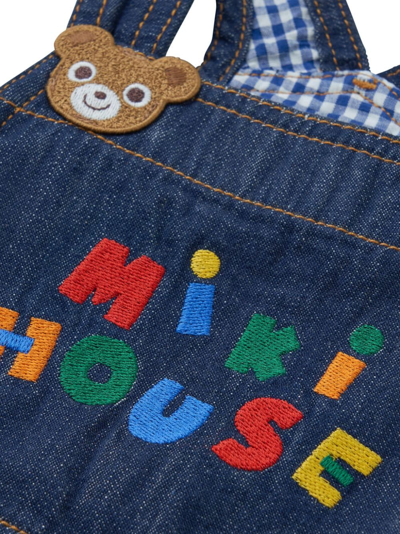 Shop Miki House Bear-embroidered Cotton Overalls In Blue