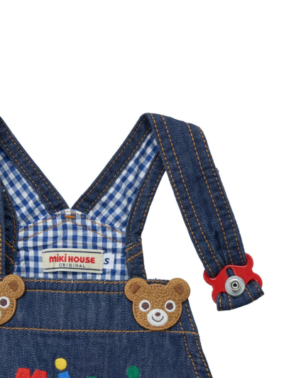 Shop Miki House Bear-embroidered Cotton Overalls In Blue